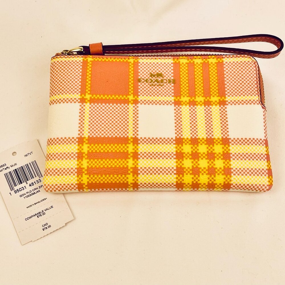 COACH Women's Corner Zip Wristlet With Garden Plaid Print